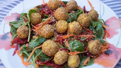 Heritage carrot and spinach salad with polenta and linseed croquettes